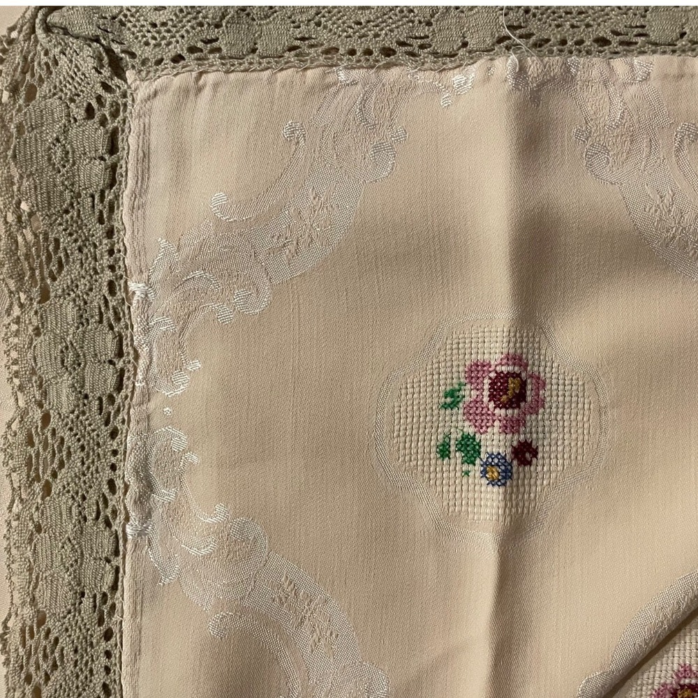Vintage Pink Embroidered Crochet Lace Damask Tablecloth Square 64"
